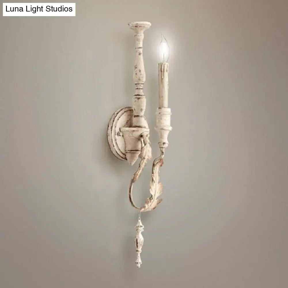 Rustic White/Brown 1-Light Candle Wall Fixture - Metallic Mounted Lamp
