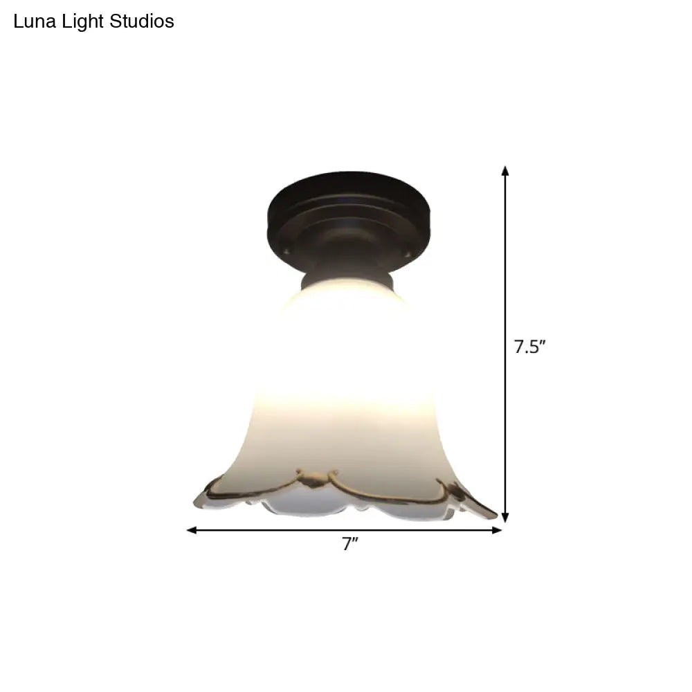 Rustic White Glass Ceiling Light For Hallways - 1 Bulb Black Flush Mount Fixture
