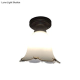 Rustic White Glass Ceiling Light For Hallways - 1 Bulb Black Flush Mount Fixture
