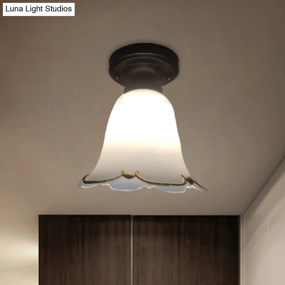Rustic White Glass Ceiling Light For Hallways - 1 Bulb Black Flush Mount Fixture