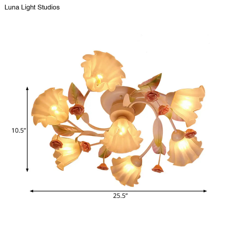 Rustic White Glass Flower Semi Flush Mount Light With 4/7 Lights - Bedroom Hanging Fixture’ Or