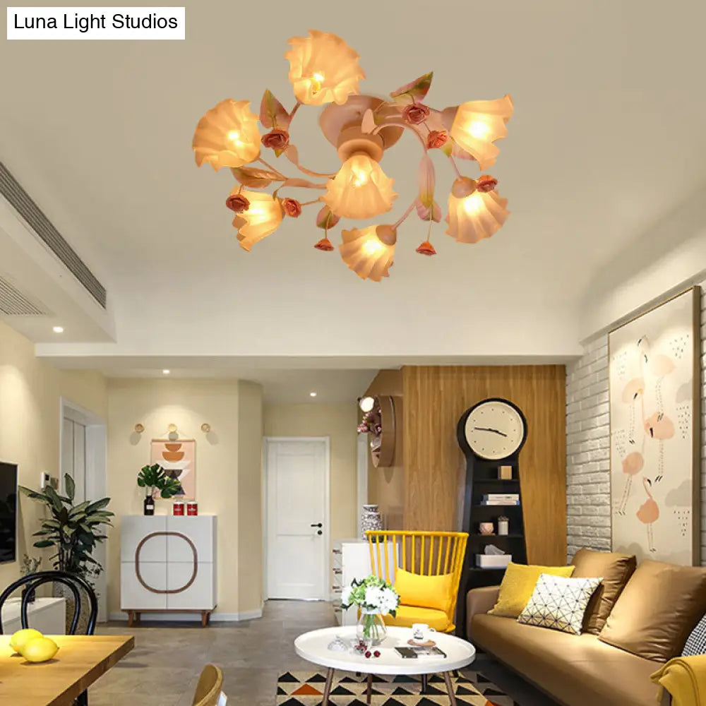 Rustic White Glass Flower Semi Flush Mount Light With 4/7 Lights - Bedroom Hanging Fixture’ Or