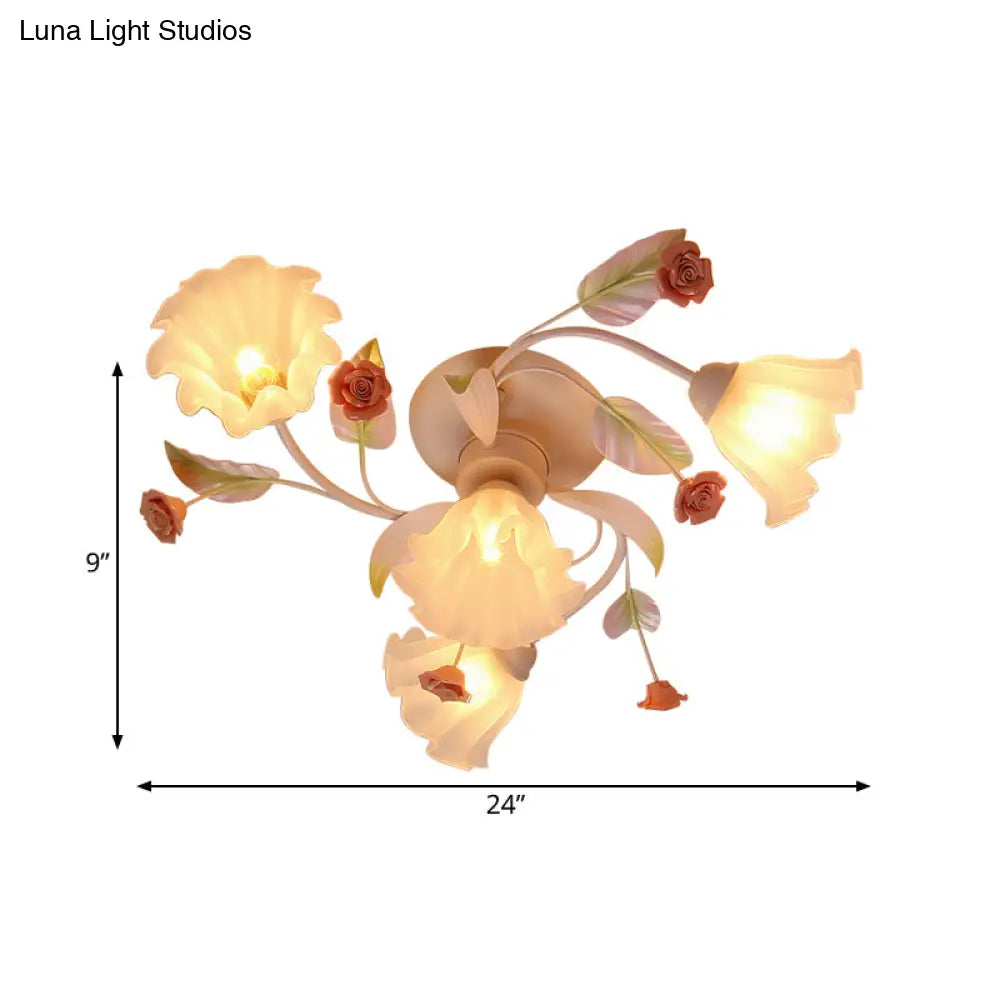 Rustic White Glass Flower Semi Flush Mount Light With 4/7 Lights - Bedroom Hanging Fixture’ Or
