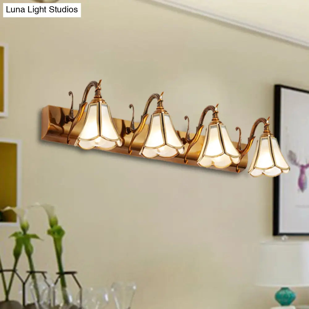 Rustic White Glass Vanity Lighting Fixture - Flower Bathroom Gold Wall Mount 2/3/4 Bulbs