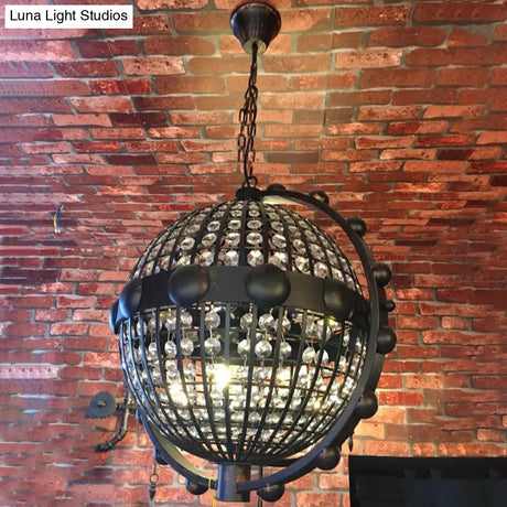 Rustic Wire Cage Globe Chandelier - 6 Bulbs Beveled Crystal Pendant Black Ceiling Light