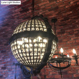 Rustic Wire Cage Globe Chandelier - 6 Bulbs Beveled Crystal Pendant Black Ceiling Light