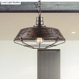 Rustic Wire Cage Pendant Light With Barn Shade In Antique Brass/Rustic Finish 1 10’/14’/18’ Width