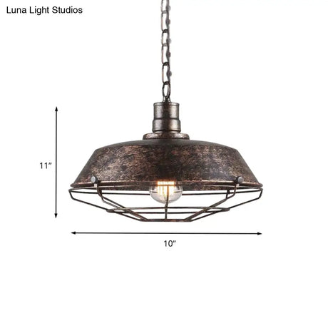 Rustic Wire Cage Pendant Light With Barn Shade In Antique Brass/Rustic Finish 1 10’/14’/18’ Width