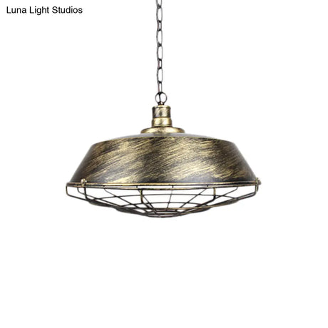 Rustic Wire Cage Pendant Light With Barn Shade In Antique Brass/Rustic Finish 1 10’/14’/18’ Width
