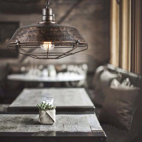 Rustic Wire Cage Pendant Light With Barn Shade In Antique Brass/Rustic Finish 1 10’/14’/18’