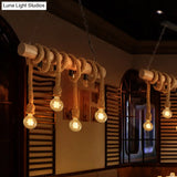 Rustic Wood And Rope Island Pendant Light Fixture - 4-Head Open Bulb Suspension Lighting