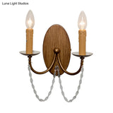 Rustic Wood Candle Wall Sconce - Crystal Bead 2 Lights Hallway Mount Lamp