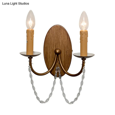 Rustic Wood Candle Wall Sconce - Crystal Bead 2 Lights Hallway Mount Lamp