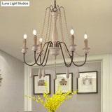 Rustic Wood Chandelier With 6 Bulbs And Bead Strand - Rural Candle Pendulum Light In White