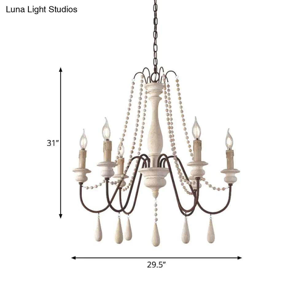 Rustic Wood Chandelier With 6 Bulbs And Bead Strand - Rural Candle Pendulum Light In White