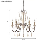 Rustic Wood Chandelier With 6 Bulbs And Bead Strand - Rural Candle Pendulum Light In White