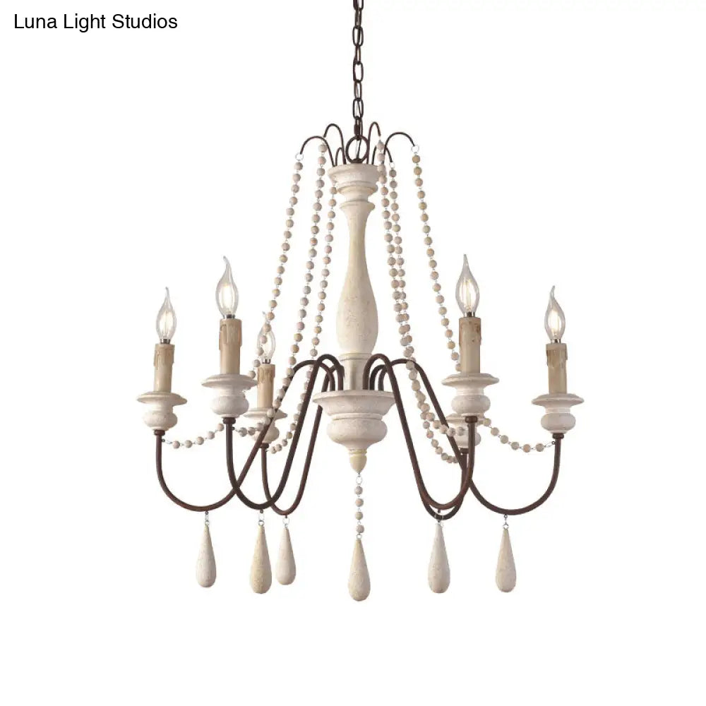 Rustic Wood Chandelier With 6 Bulbs And Bead Strand - Rural Candle Pendulum Light In White