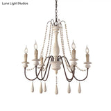 Rustic Wood Chandelier With 6 Bulbs And Bead Strand - Rural Candle Pendulum Light In White