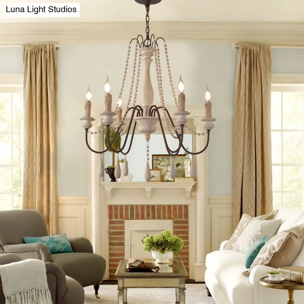 Rustic Wood Chandelier With 6 Bulbs And Bead Strand - Rural Candle Pendulum Light In White