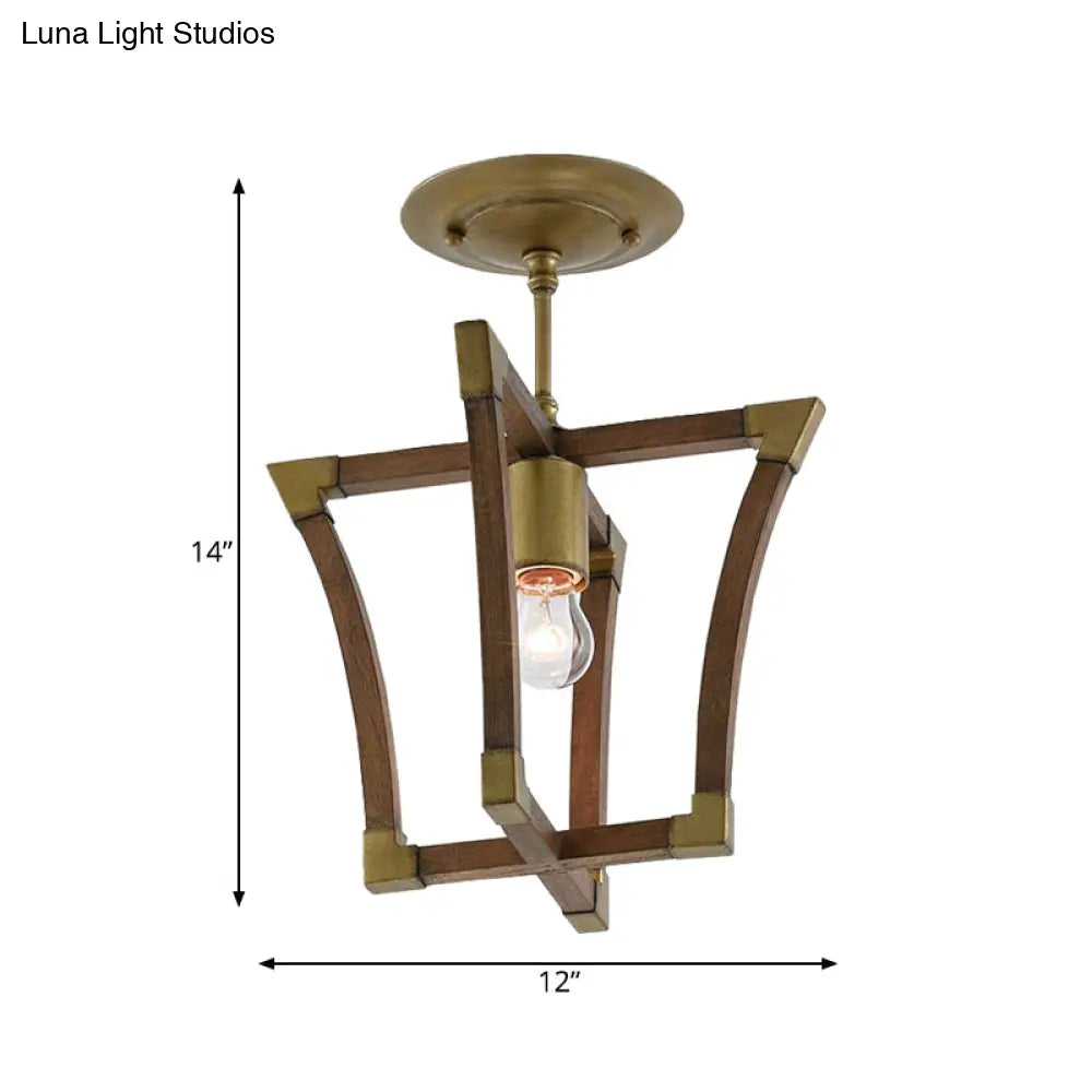 Rustic Wood Interlocking Trapezoid Cage Semi Flush Mount Ceiling Light