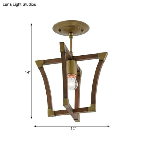Rustic Wood Interlocking Trapezoid Cage Semi Flush Mount Ceiling Light