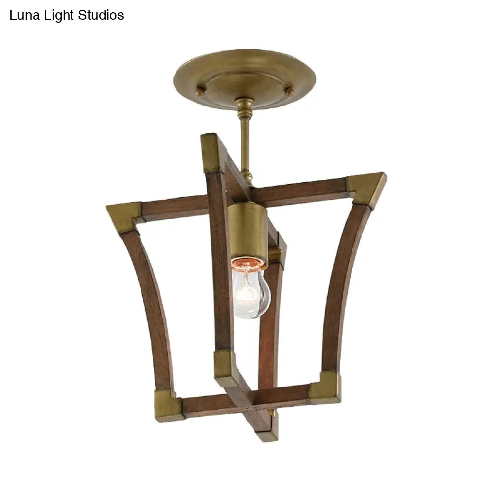 Rustic Wood Interlocking Trapezoid Cage Semi Flush Mount Ceiling Light