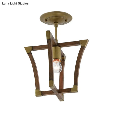 Rustic Wood Interlocking Trapezoid Cage Semi Flush Mount Ceiling Light