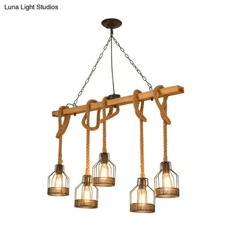 Rustic Wood Pendant Lamp: Linear Restaurant Hanging Island Light With Brown Roped Cage (3/5-Light)