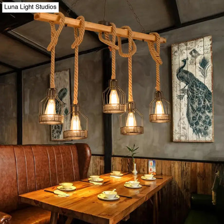 Rustic Wood Pendant Lamp: Linear Restaurant Hanging Island Light With Brown Roped Cage (3/5-Light)