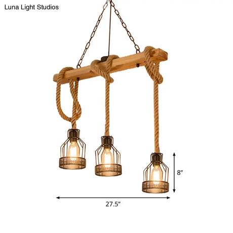 Rustic Wood Pendant Lamp: Linear Restaurant Hanging Island Light With Brown Roped Cage (3/5-Light)