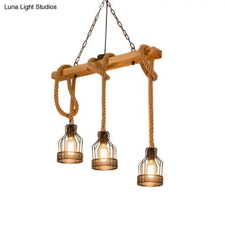 Rustic Wood Pendant Lamp: Linear Restaurant Hanging Island Light With Brown Roped Cage (3/5-Light)