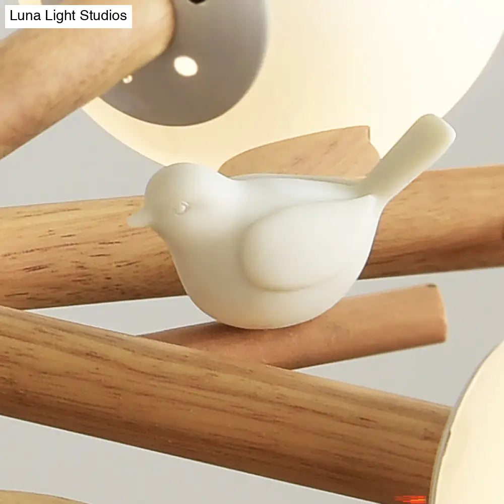 Rustic Wood Pendant Light With White Globe Shade And Bird Detail - Ideal For Dining Room