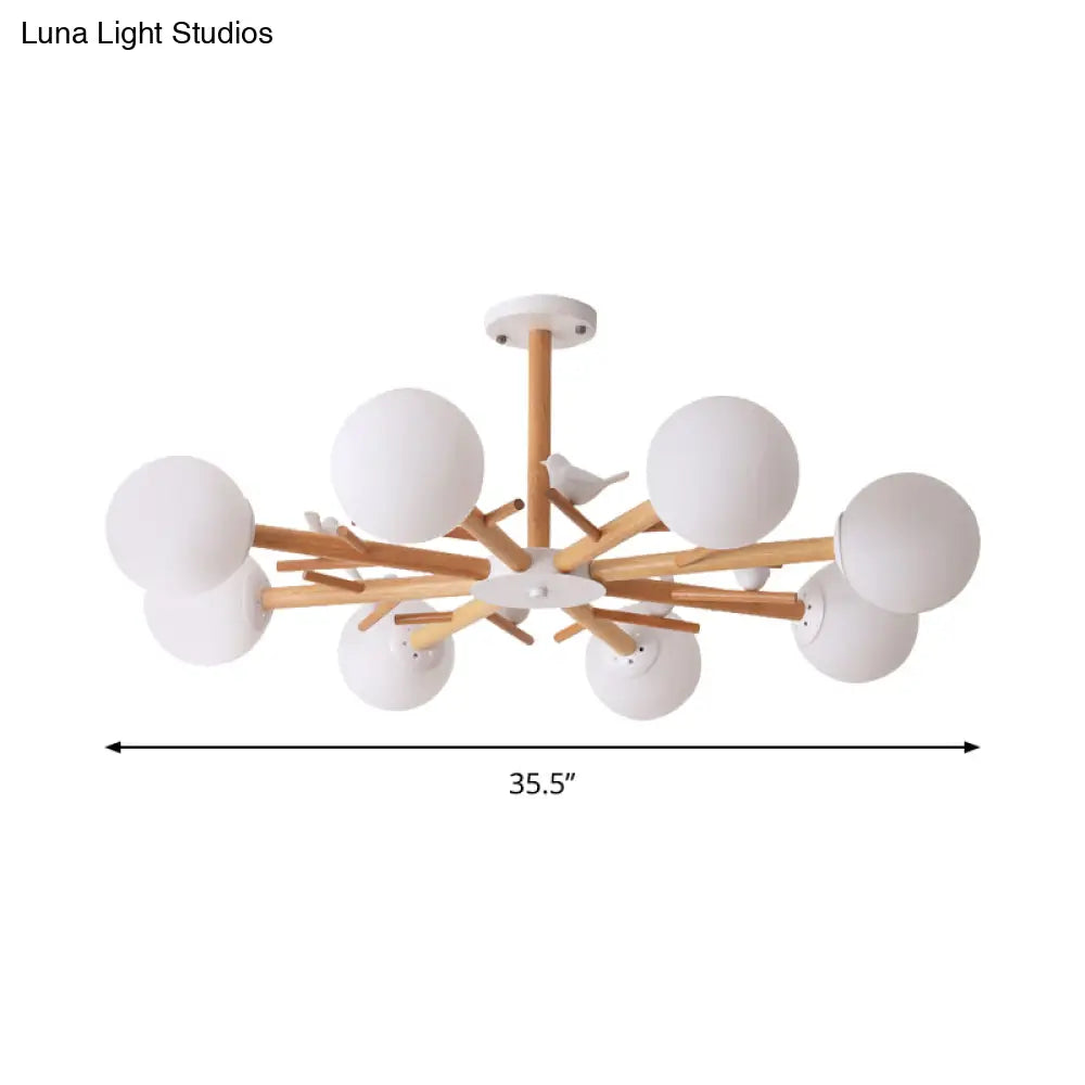 Rustic Wood Pendant Light With White Globe Shade And Bird Detail - Ideal For Dining Room