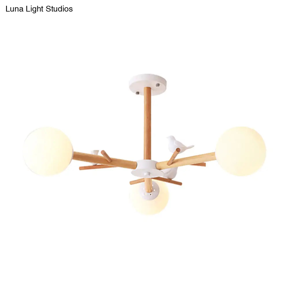 Rustic Wood Pendant Light With White Globe Shade And Bird Detail - Ideal For Dining Room