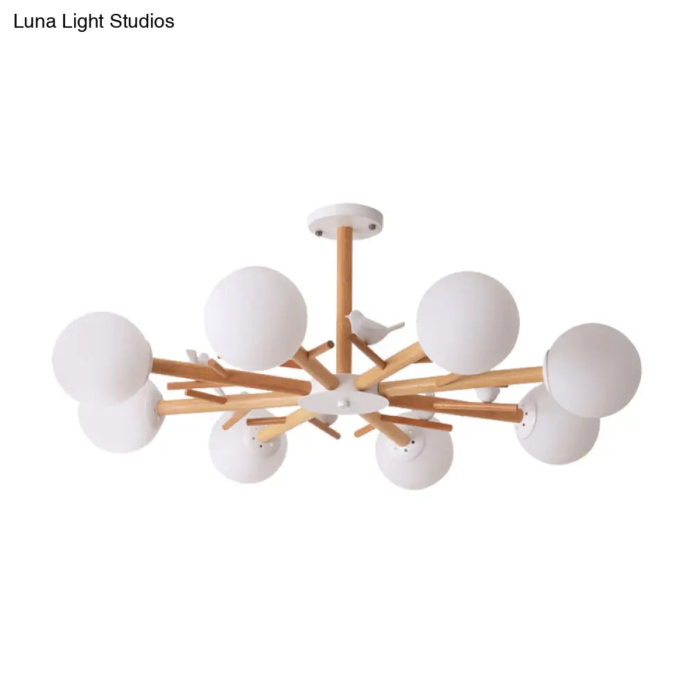 Rustic Wood Pendant Light With White Globe Shade And Bird Detail - Ideal For Dining Room