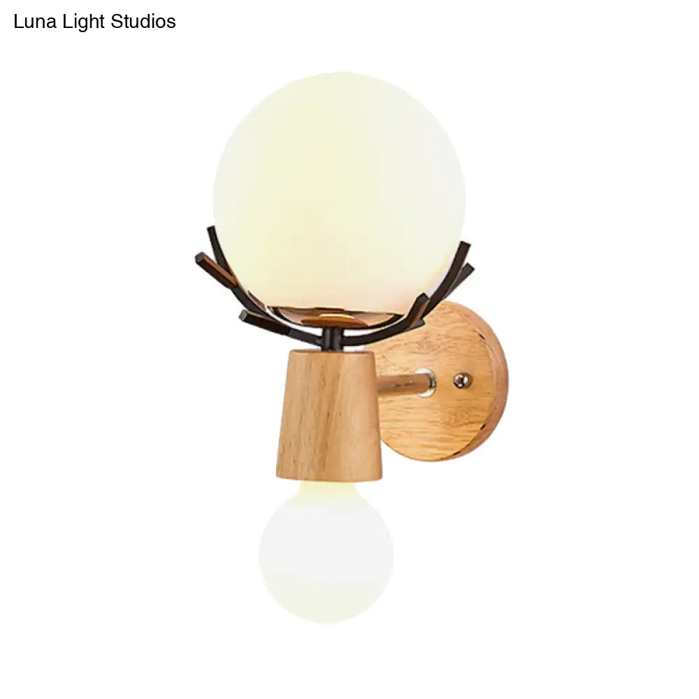 Rustic Wood Wall Lamp With Antler Accents - White Globe Sconce Light For Stairways