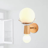 Rustic Wood Wall Lamp With Antler Accents - White Globe Sconce Light For Stairways
