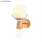 Rustic Wood Wall Lamp With Antler Accents - White Globe Sconce Light For Stairways