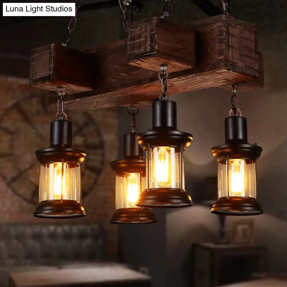 Rustic Wooden Brown Ceiling Light Lantern - 6-Bulb Hanging Island Lamp For Restaurants