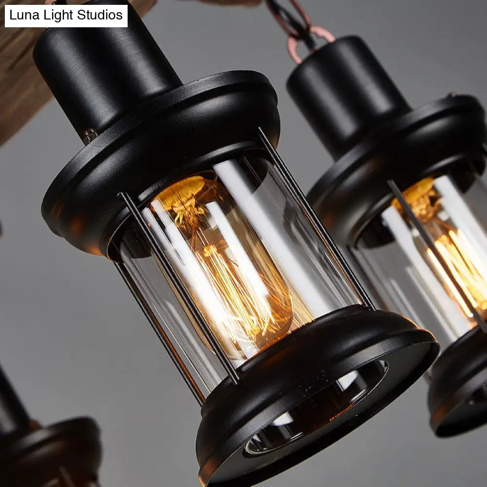 Rustic Wooden Brown Ceiling Light Lantern - 6-Bulb Hanging Island Lamp For Restaurants