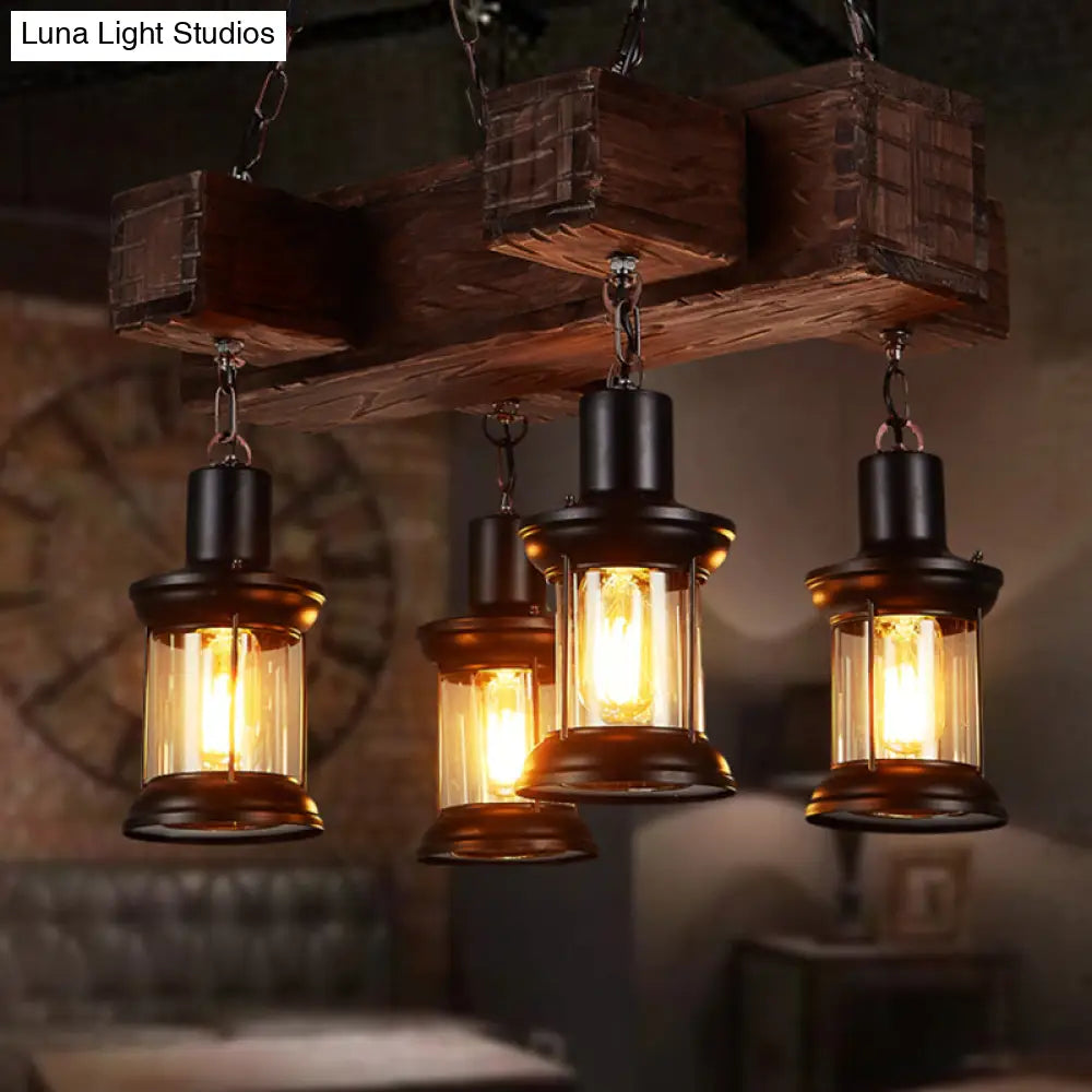 Rustic Wooden Brown Ceiling Light Lantern - 6-Bulb Hanging Island Lamp For Restaurants