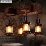 Rustic Wooden Brown Ceiling Light Lantern - 6-Bulb Hanging Island Lamp For Restaurants