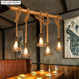 Rustic Wooden Linear Island Lamp With Mesh Cage - Suspension Pendant Light For Restaurants