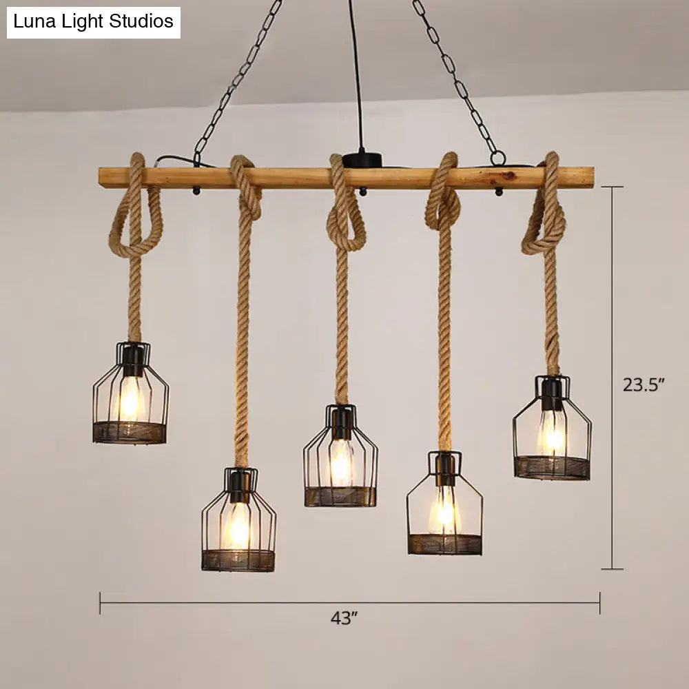 Rustic Wooden Linear Island Lamp With Mesh Cage - Suspension Pendant Light For Restaurants