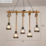 Rustic Wooden Linear Island Lamp With Mesh Cage - Suspension Pendant Light For Restaurants
