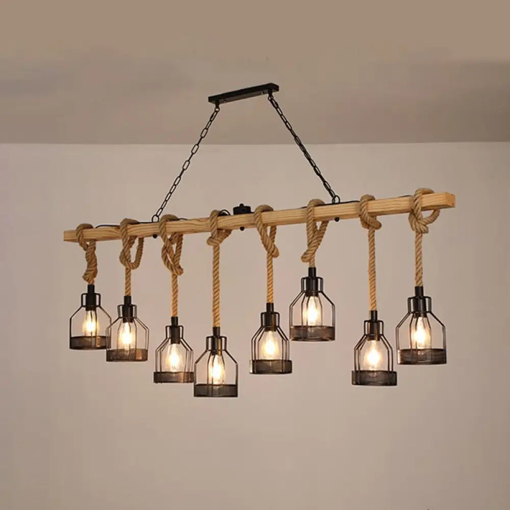 Rustic Wooden Linear Island Lamp With Mesh Cage - Suspension Pendant Light For Restaurants 8 / Wood
