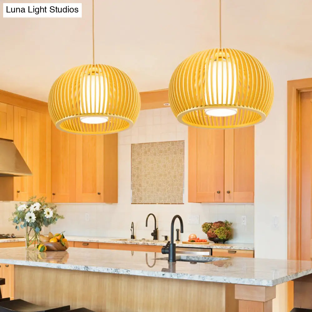 Rustic Wooden Pendant Light With Fabric Cylinder Shade