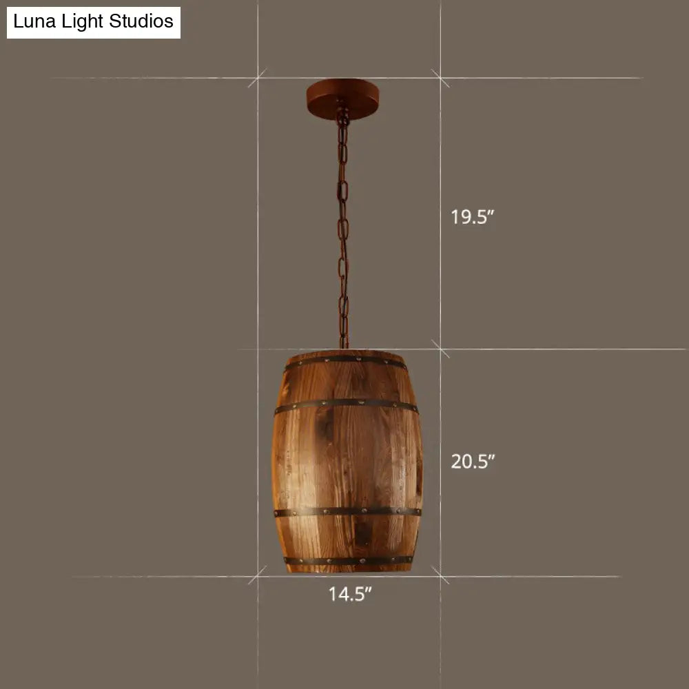 Rustic Wooden Wine Barrel Pendant Light - 1-Light Brown Suspension Lighting For Bistro