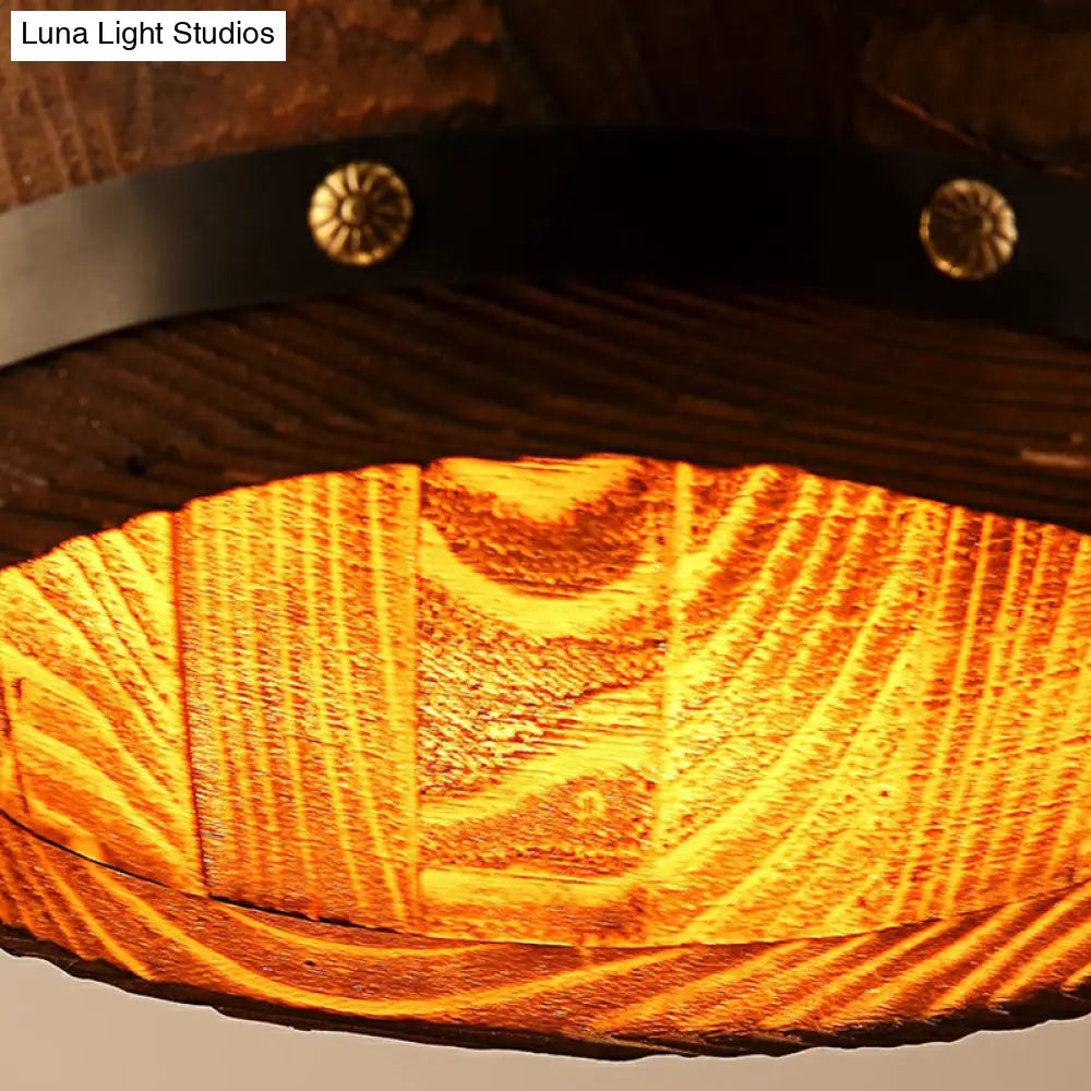 Rustic Wooden Wine Barrel Pendant Light - 1-Light Brown Suspension Lighting For Bistro