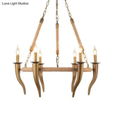 Rustic Wagon Wheel Ceiling Pendant - Khaki Metallic Chandelier Light With Ox Horn 3/6-Light Options